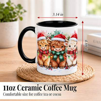#pl[11oz|Black] Watercolor Christmas Highland Cows Coffee Mug, Cow Mug, Ceramic Cup
