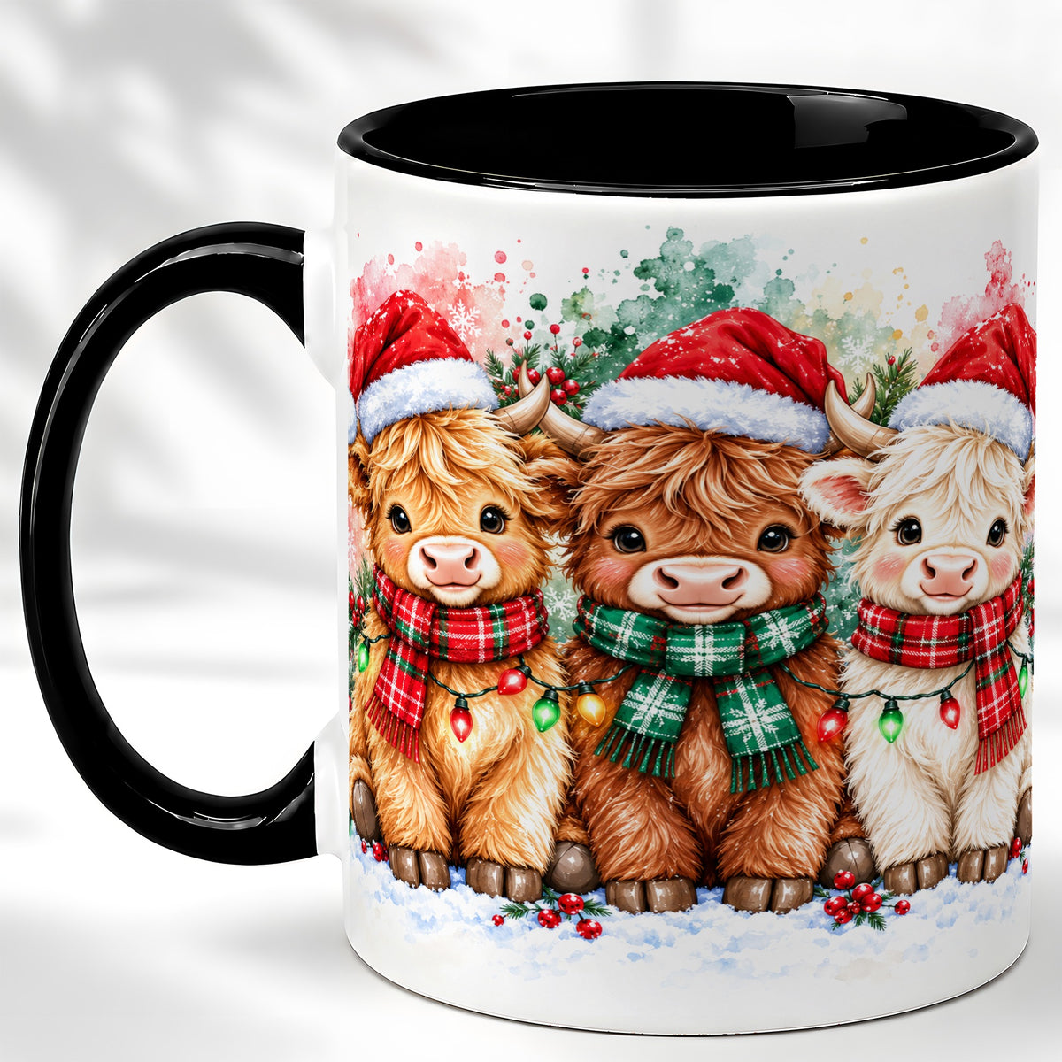 #pl[11oz|Black] Watercolor Christmas Highland Cows Coffee Mug, Cow Mug, Ceramic Cup