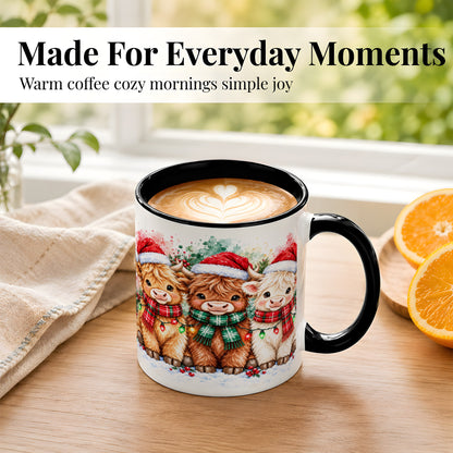 #pl[11oz|Black] Watercolor Christmas Highland Cows Coffee Mug, Cow Mug, Ceramic Cup