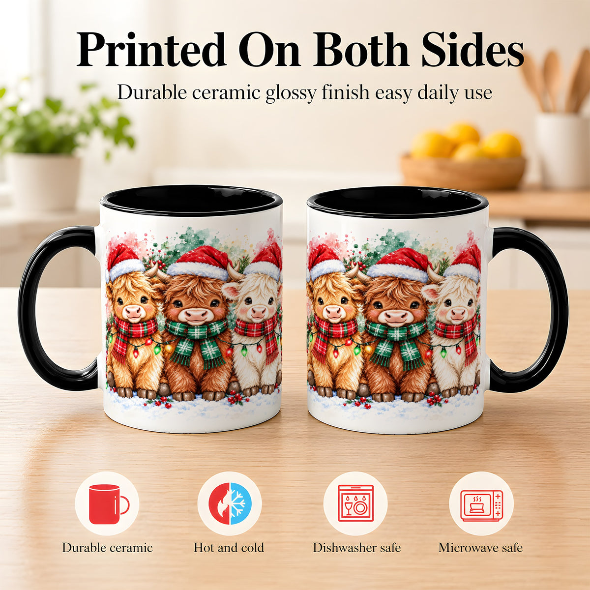 #pl[11oz|Black] Watercolor Christmas Highland Cows Coffee Mug, Cow Mug, Ceramic Cup
