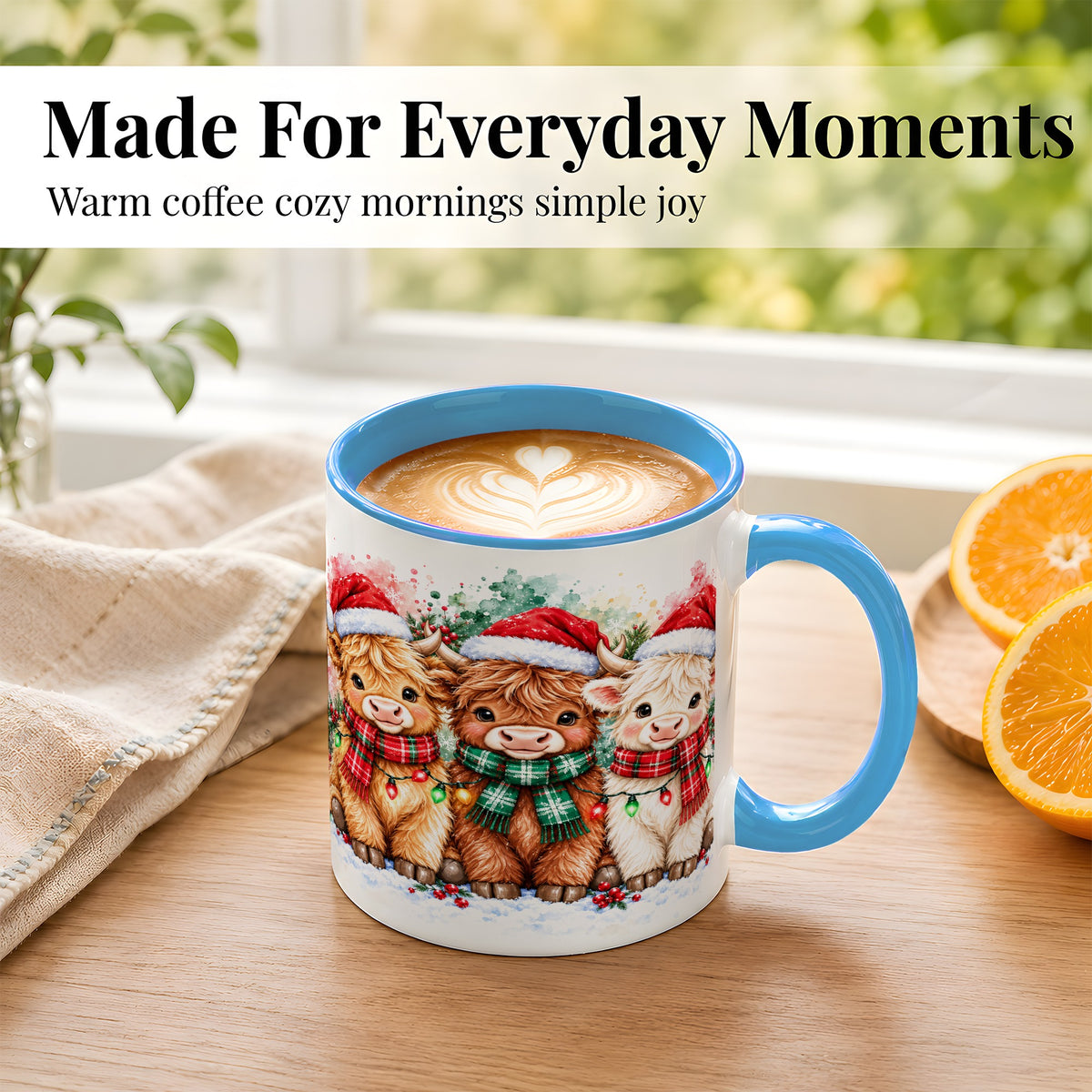 #pl[11oz|Blue] Watercolor Christmas Highland Cows Coffee Mug, Cow Mug, Ceramic Cup