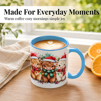 #pl[11oz|Blue] Watercolor Christmas Highland Cows Coffee Mug, Cow Mug, Ceramic Cup