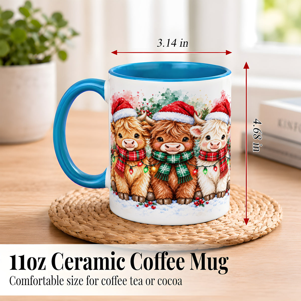 #pl[11oz|Blue] Watercolor Christmas Highland Cows Coffee Mug, Cow Mug, Ceramic Cup
