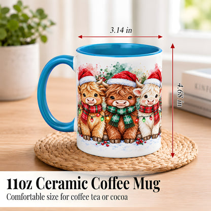 #pl[11oz|Blue] Watercolor Christmas Highland Cows Coffee Mug, Cow Mug, Ceramic Cup