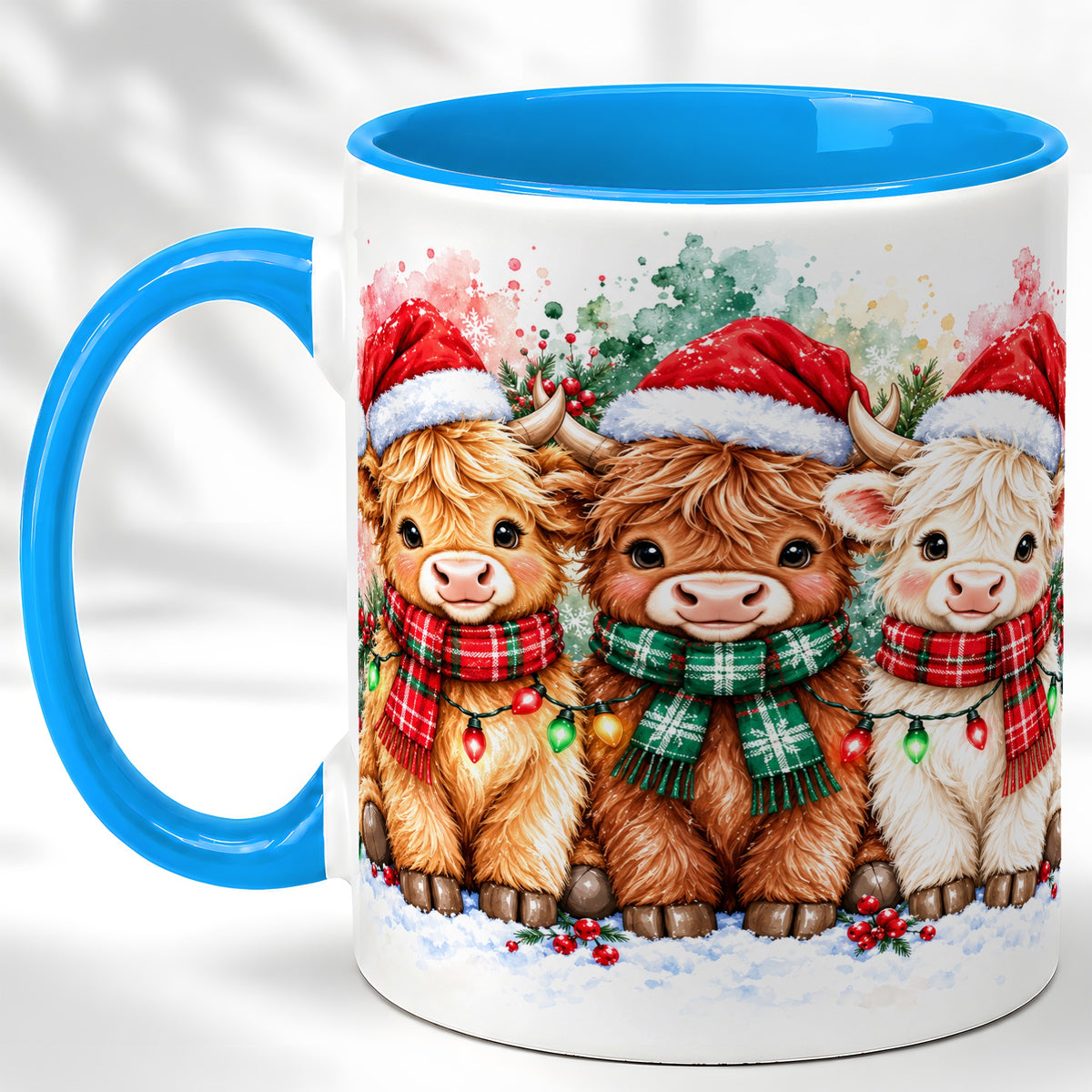 #pl[11oz|Blue] Watercolor Christmas Highland Cows Coffee Mug, Cow Mug, Ceramic Cup
