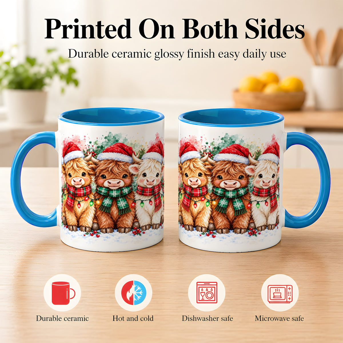 #pl[11oz|Blue] Watercolor Christmas Highland Cows Coffee Mug, Cow Mug, Ceramic Cup