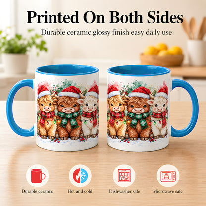 #pl[11oz|Blue] Watercolor Christmas Highland Cows Coffee Mug, Cow Mug, Ceramic Cup