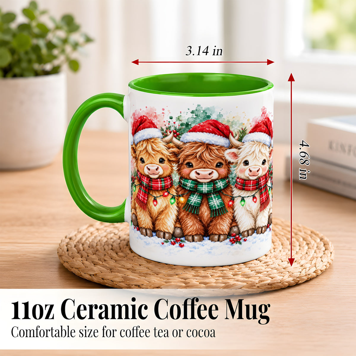 #pl[11oz|Green] Watercolor Christmas Highland Cows Coffee Mug, Cow Mug, Ceramic Cup