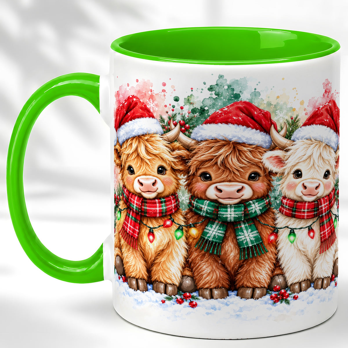 #pl[11oz|Green] Watercolor Christmas Highland Cows Coffee Mug, Cow Mug, Ceramic Cup