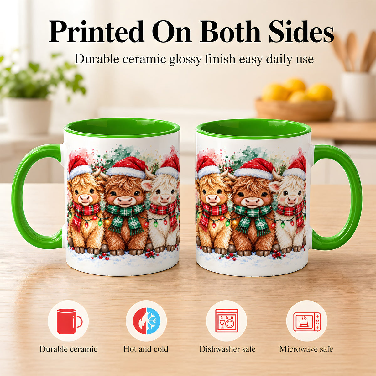 #pl[11oz|Green] Watercolor Christmas Highland Cows Coffee Mug, Cow Mug, Ceramic Cup