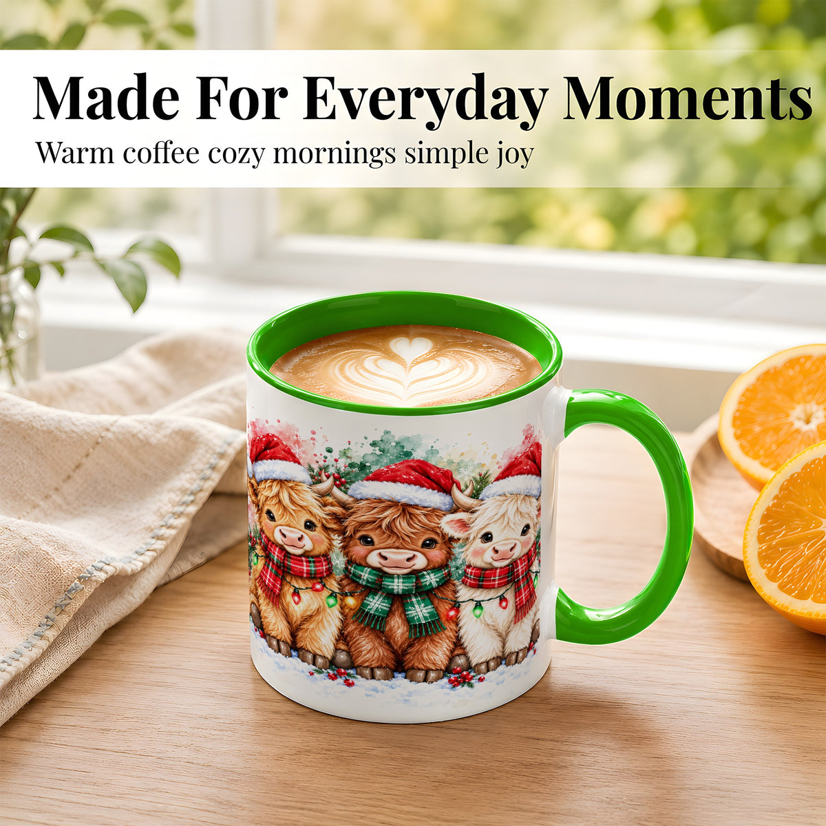 #pl[11oz|Green] Watercolor Christmas Highland Cows Coffee Mug, Cow Mug, Ceramic Cup