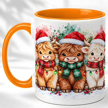 #pl[11oz|Orange] Watercolor Christmas Highland Cows Coffee Mug, Cow Mug, Ceramic Cup