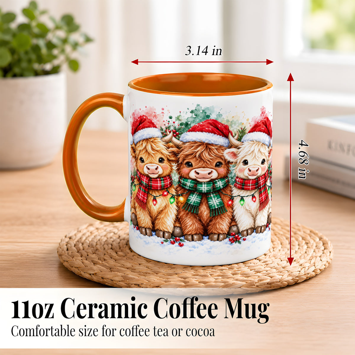 #pl[11oz|Orange] Watercolor Christmas Highland Cows Coffee Mug, Cow Mug, Ceramic Cup