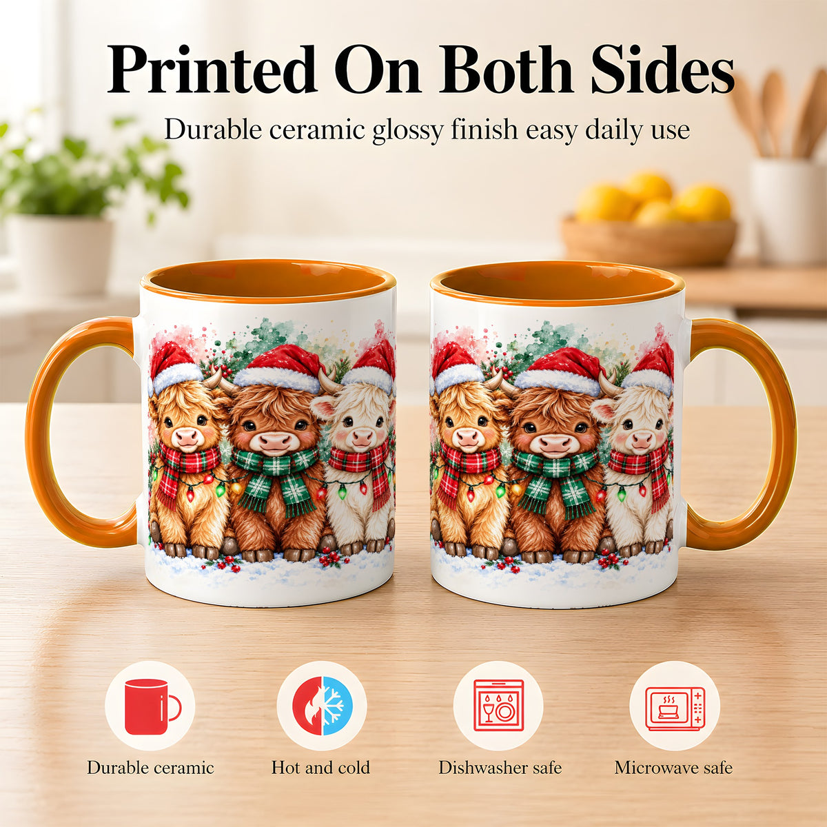 #pl[11oz|Orange] Watercolor Christmas Highland Cows Coffee Mug, Cow Mug, Ceramic Cup
