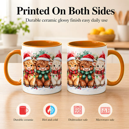 #pl[11oz|Orange] Watercolor Christmas Highland Cows Coffee Mug, Cow Mug, Ceramic Cup