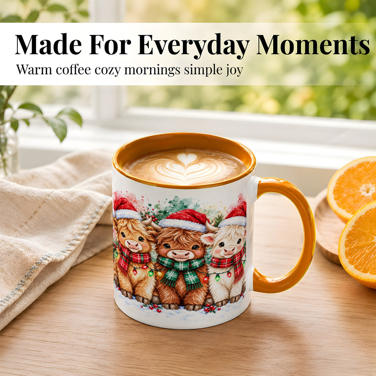 #pl[11oz|Orange] Watercolor Christmas Highland Cows Coffee Mug, Cow Mug, Ceramic Cup