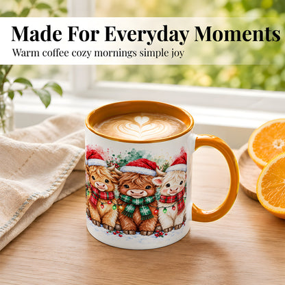 #pl[11oz|Orange] Watercolor Christmas Highland Cows Coffee Mug, Cow Mug, Ceramic Cup