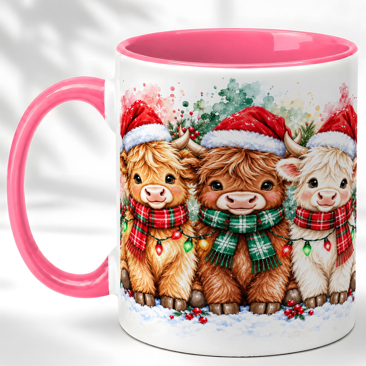 #pl[11oz|Pink] Watercolor Christmas Highland Cows Coffee Mug, Cow Mug, Ceramic Cup