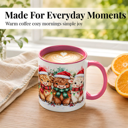 #pl[11oz|Pink] Watercolor Christmas Highland Cows Coffee Mug, Cow Mug, Ceramic Cup
