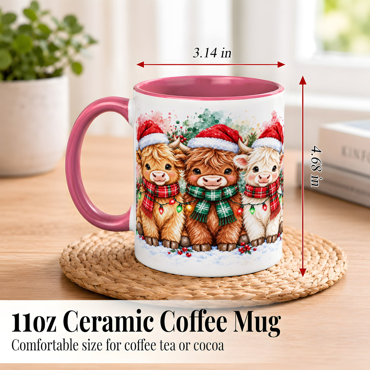 #pl[11oz|Pink] Watercolor Christmas Highland Cows Coffee Mug, Cow Mug, Ceramic Cup
