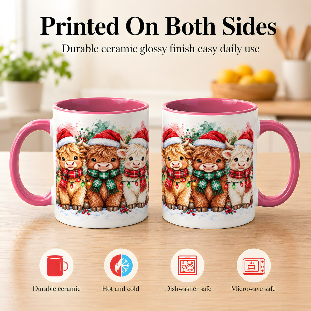 #pl[11oz|Pink] Watercolor Christmas Highland Cows Coffee Mug, Cow Mug, Ceramic Cup