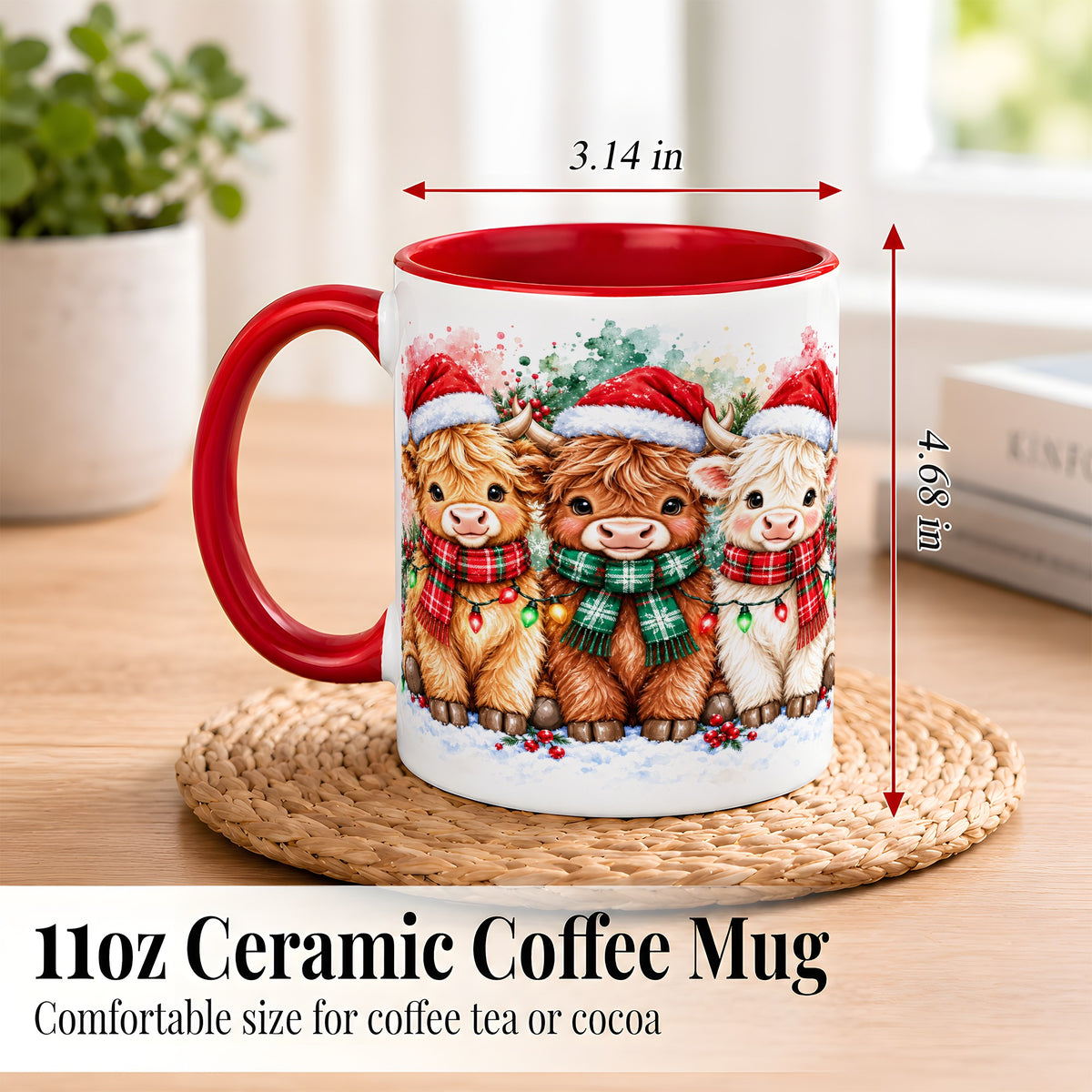 #pl[11oz|Red] Watercolor Christmas Highland Cows Coffee Mug, Cow Mug, Ceramic Cup
