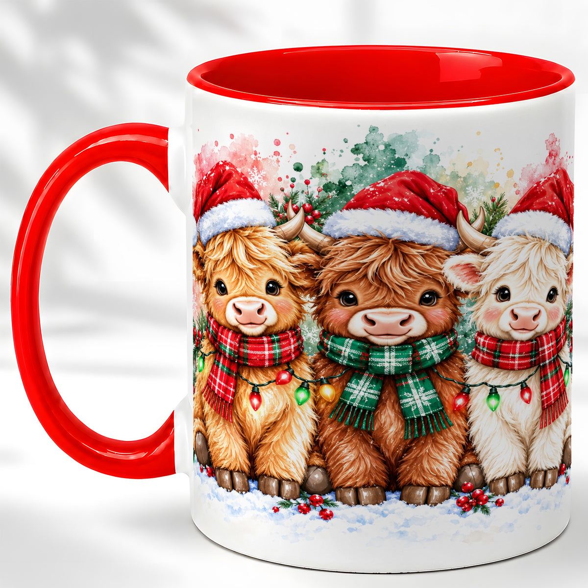 #pl[11oz|Red] Watercolor Christmas Highland Cows Coffee Mug, Cow Mug, Ceramic Cup
