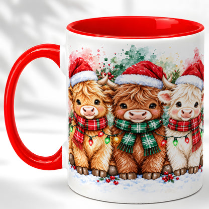 #pl[11oz|Red] Watercolor Christmas Highland Cows Coffee Mug, Cow Mug, Ceramic Cup
