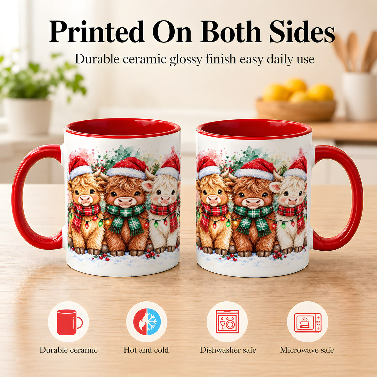 #pl[11oz|Red] Watercolor Christmas Highland Cows Coffee Mug, Cow Mug, Ceramic Cup