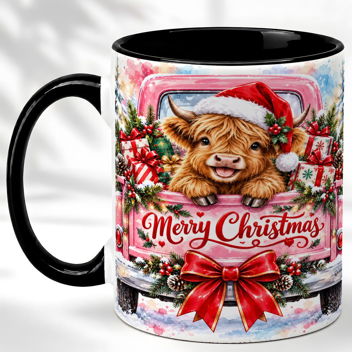 #pl[11oz|Black] Christmas Highland Cow Coffee Mug, Holiday Cow Mug, Ceramic Cup