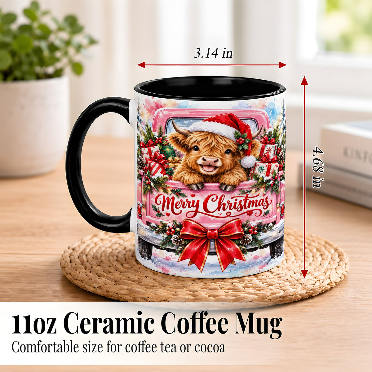#pl[11oz|Black] Christmas Highland Cow Coffee Mug, Holiday Cow Mug, Ceramic Cup