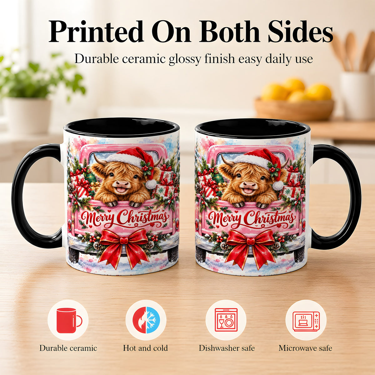 #pl[11oz|Black] Christmas Highland Cow Coffee Mug, Holiday Cow Mug, Ceramic Cup