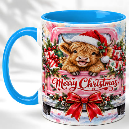 #pl[11oz|Blue] Christmas Highland Cow Coffee Mug, Holiday Cow Mug, Ceramic Cup