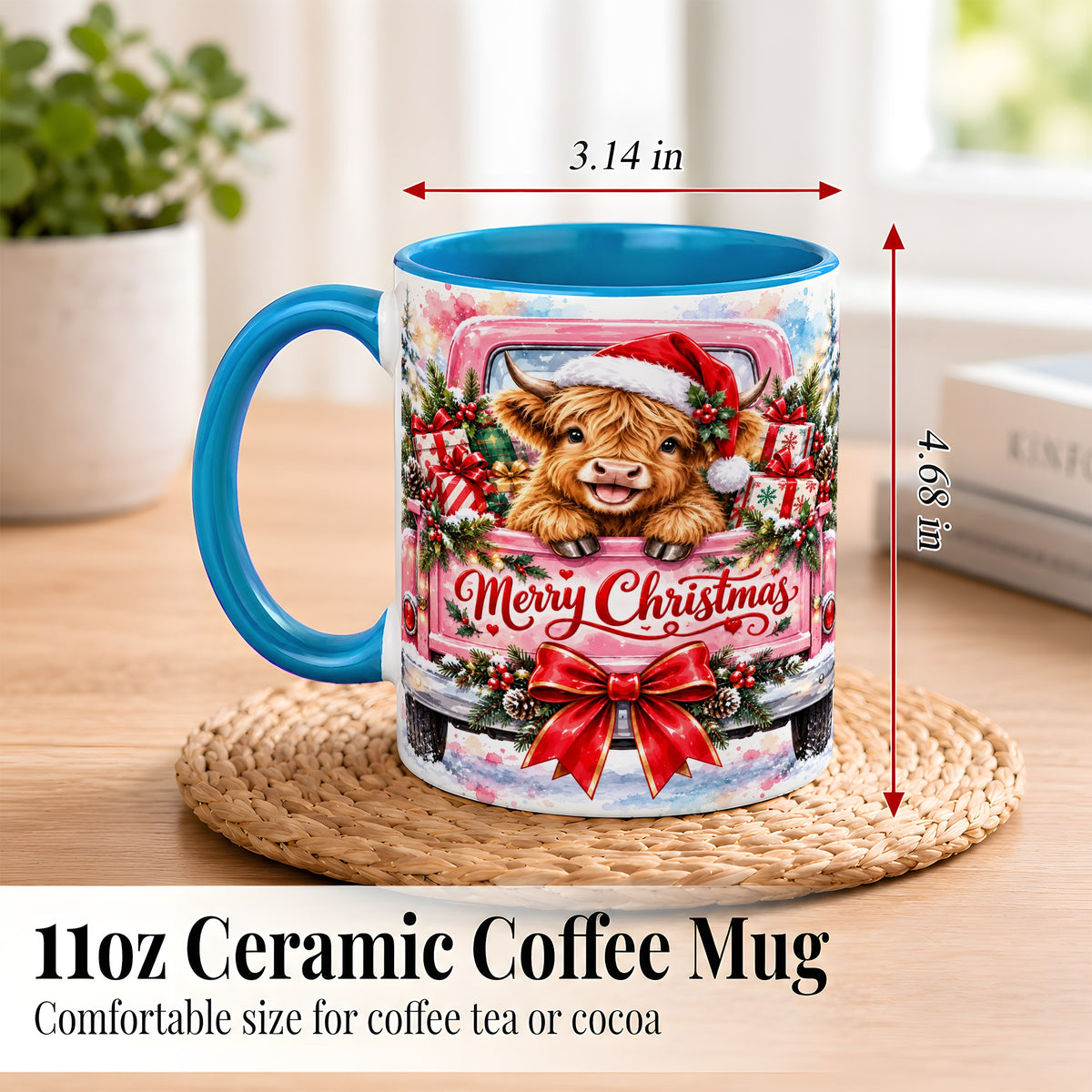 #pl[11oz|Blue] Christmas Highland Cow Coffee Mug, Holiday Cow Mug, Ceramic Cup