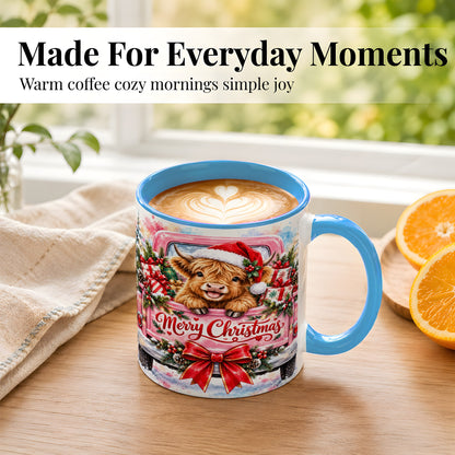 #pl[11oz|Blue] Christmas Highland Cow Coffee Mug, Holiday Cow Mug, Ceramic Cup
