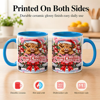 #pl[11oz|Blue] Christmas Highland Cow Coffee Mug, Holiday Cow Mug, Ceramic Cup