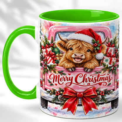 #pl[11oz|Green] Christmas Highland Cow Coffee Mug, Holiday Cow Mug, Ceramic Cup