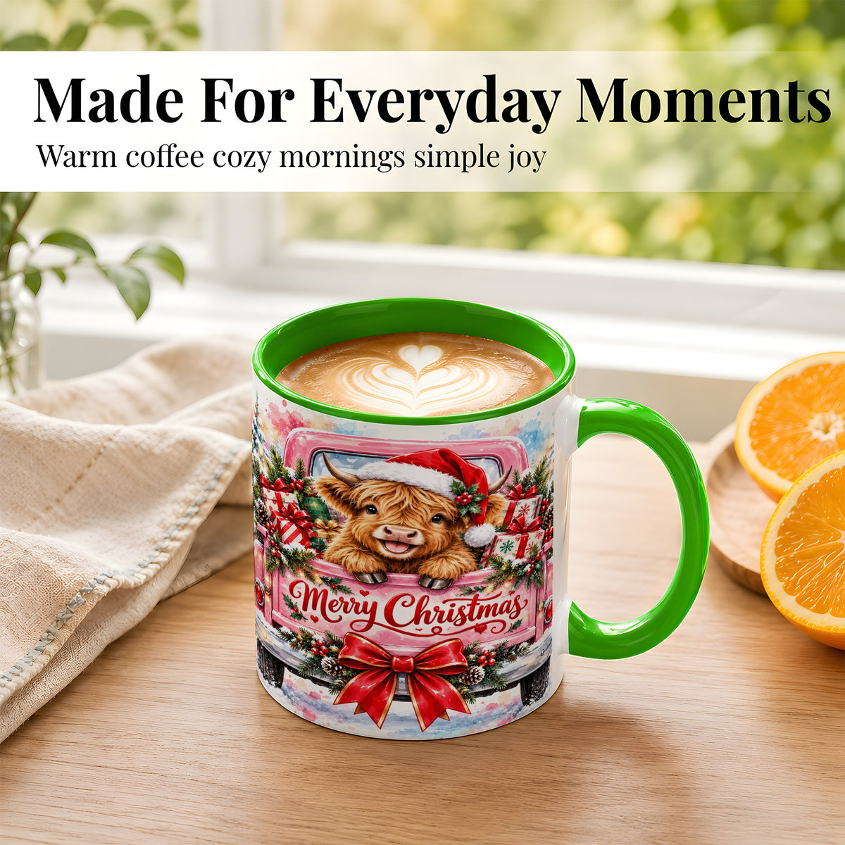 #pl[11oz|Green] Christmas Highland Cow Coffee Mug, Holiday Cow Mug, Ceramic Cup