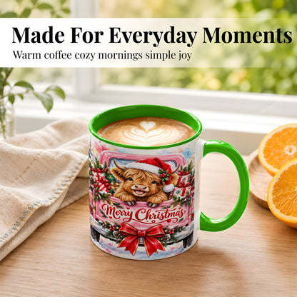 #pl[11oz|Green] Christmas Highland Cow Coffee Mug, Holiday Cow Mug, Ceramic Cup