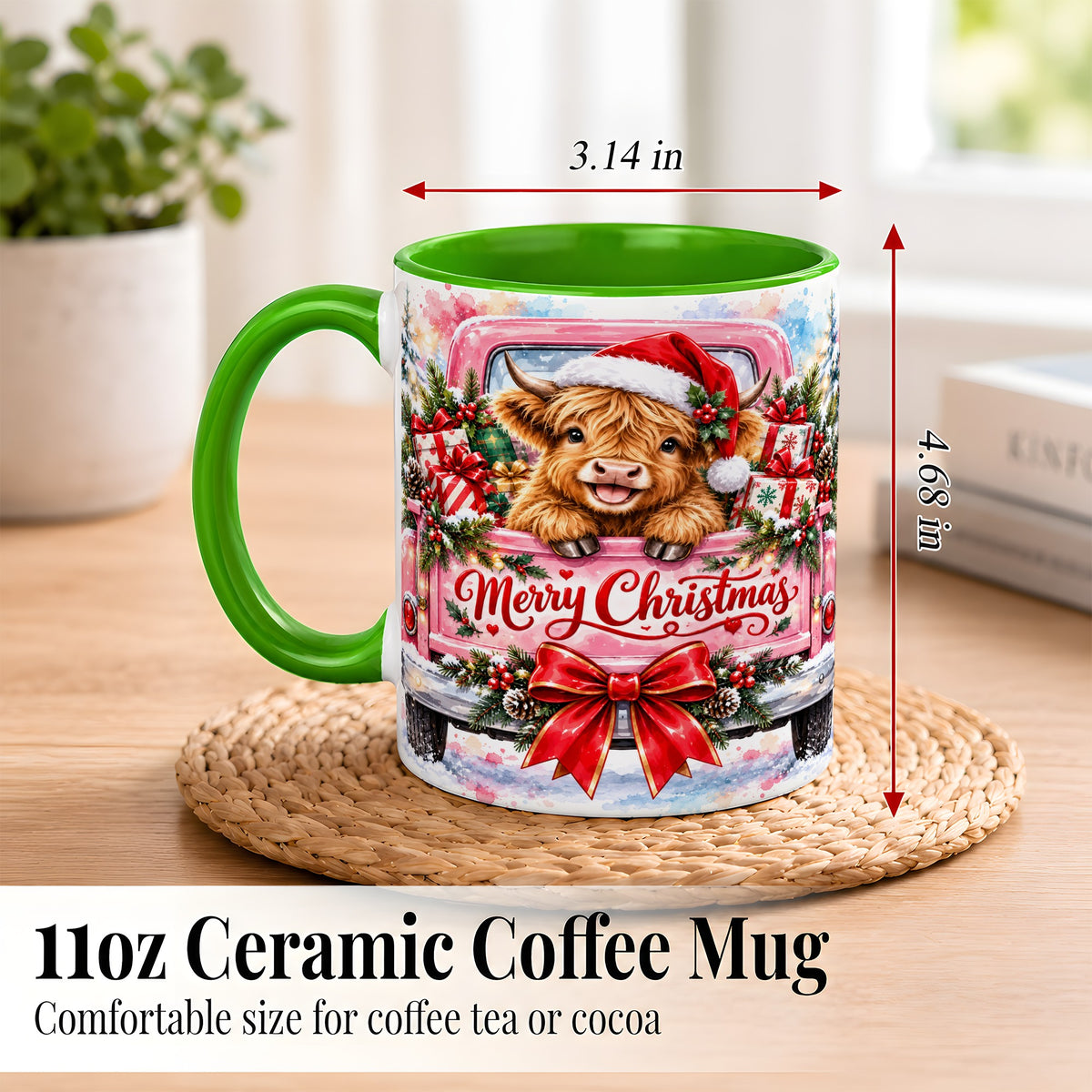 #pl[11oz|Green] Christmas Highland Cow Coffee Mug, Holiday Cow Mug, Ceramic Cup