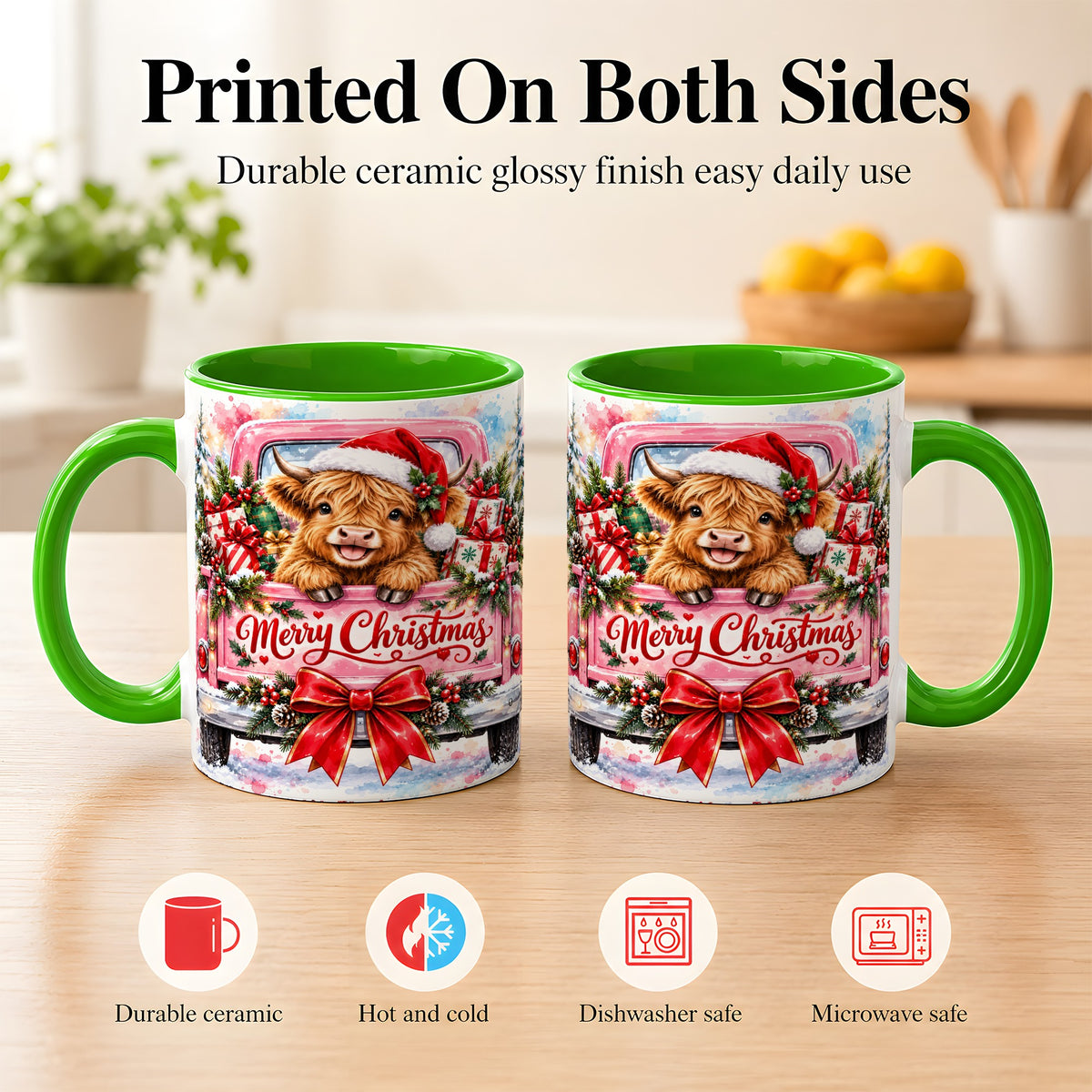 #pl[11oz|Green] Christmas Highland Cow Coffee Mug, Holiday Cow Mug, Ceramic Cup