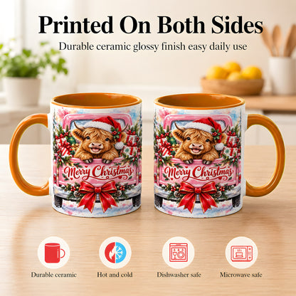 #pl[11oz|Orange] Christmas Highland Cow Coffee Mug, Holiday Cow Mug, Ceramic Cup