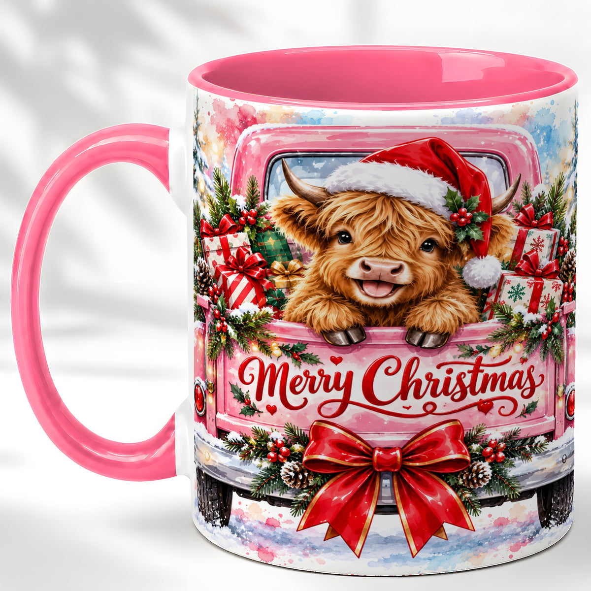 #pl[11oz|Pink] Christmas Highland Cow Coffee Mug, Holiday Cow Mug, Ceramic Cup