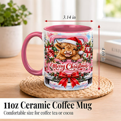#pl[11oz|Pink] Christmas Highland Cow Coffee Mug, Holiday Cow Mug, Ceramic Cup