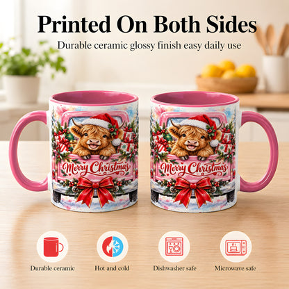 #pl[11oz|Pink] Christmas Highland Cow Coffee Mug, Holiday Cow Mug, Ceramic Cup