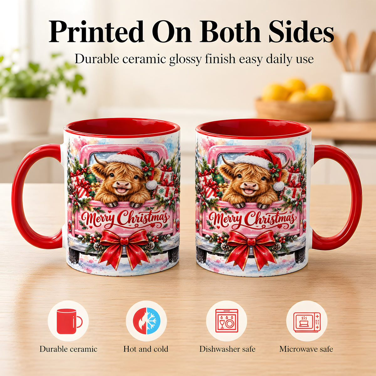 #pl[11oz|Red] Christmas Highland Cow Coffee Mug, Holiday Cow Mug, Ceramic Cup