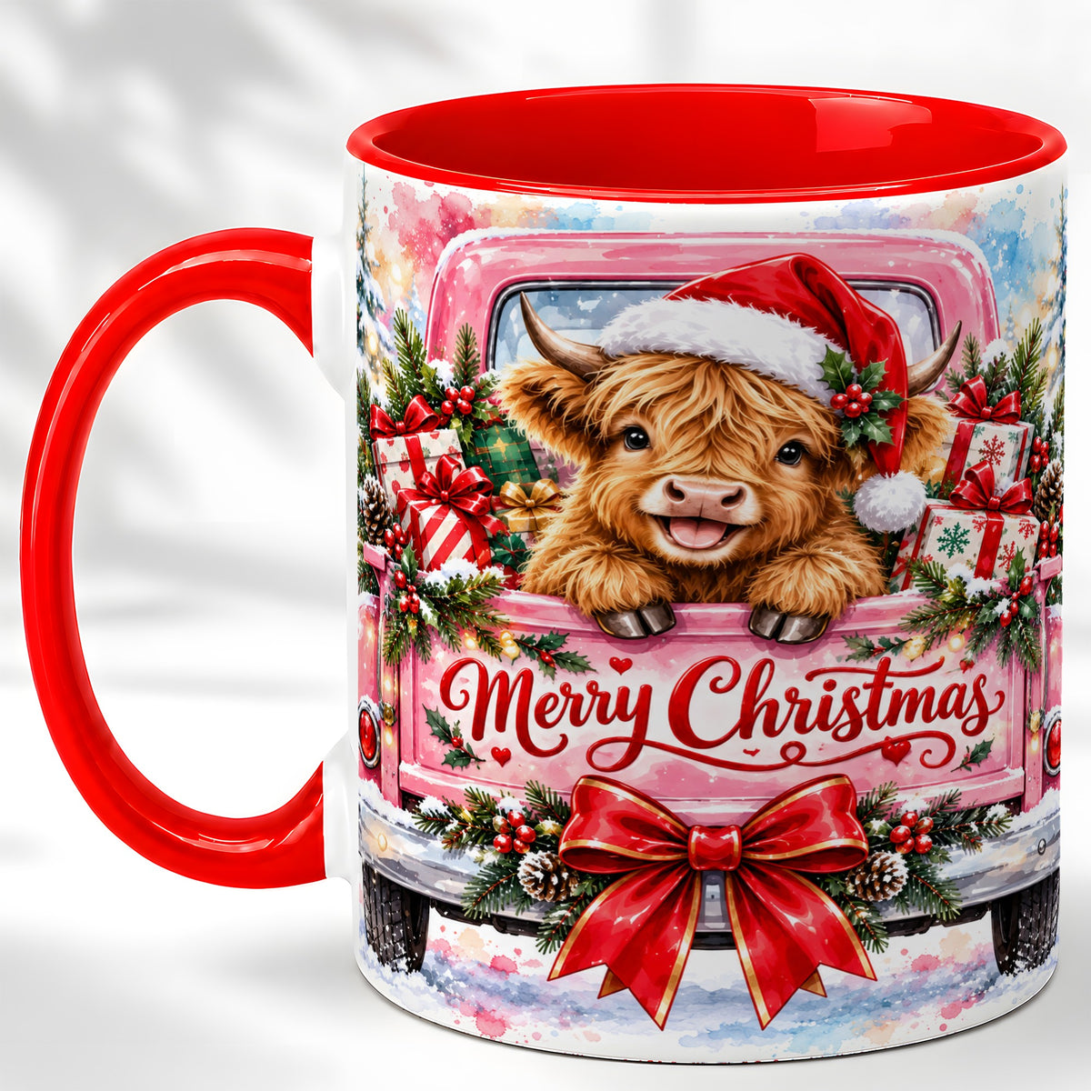 #pl[11oz|Red] Christmas Highland Cow Coffee Mug, Holiday Cow Mug, Ceramic Cup