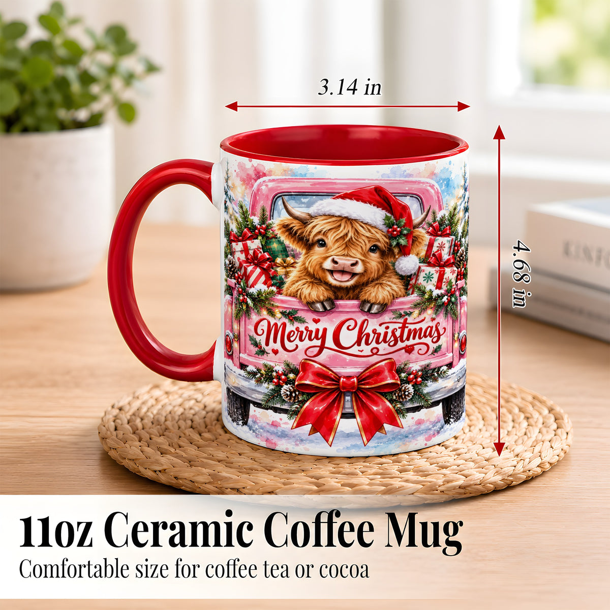 #pl[11oz|Red] Christmas Highland Cow Coffee Mug, Holiday Cow Mug, Ceramic Cup