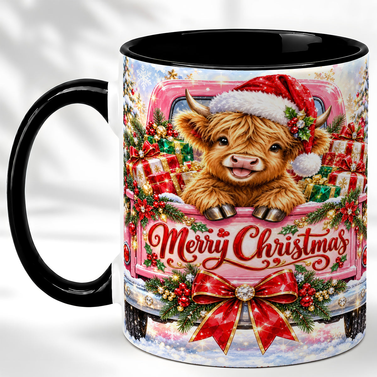 #pl[11oz|Black] Sparkling Christmas Cow Coffee Mug, Holiday Cow Mug, Ceramic Cup