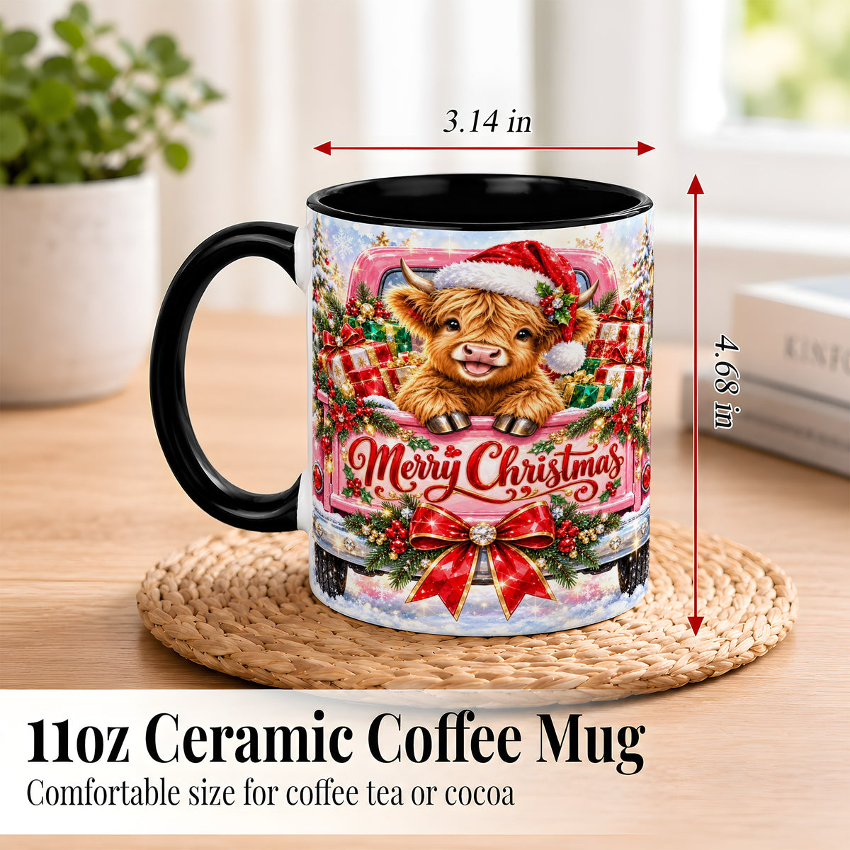 #pl[11oz|Black] Sparkling Christmas Cow Coffee Mug, Holiday Cow Mug, Ceramic Cup